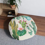 Vintage inspired tufted round floor pillow featuring colorful cactus designs, perfect for home decor as a stylish throw pillow.