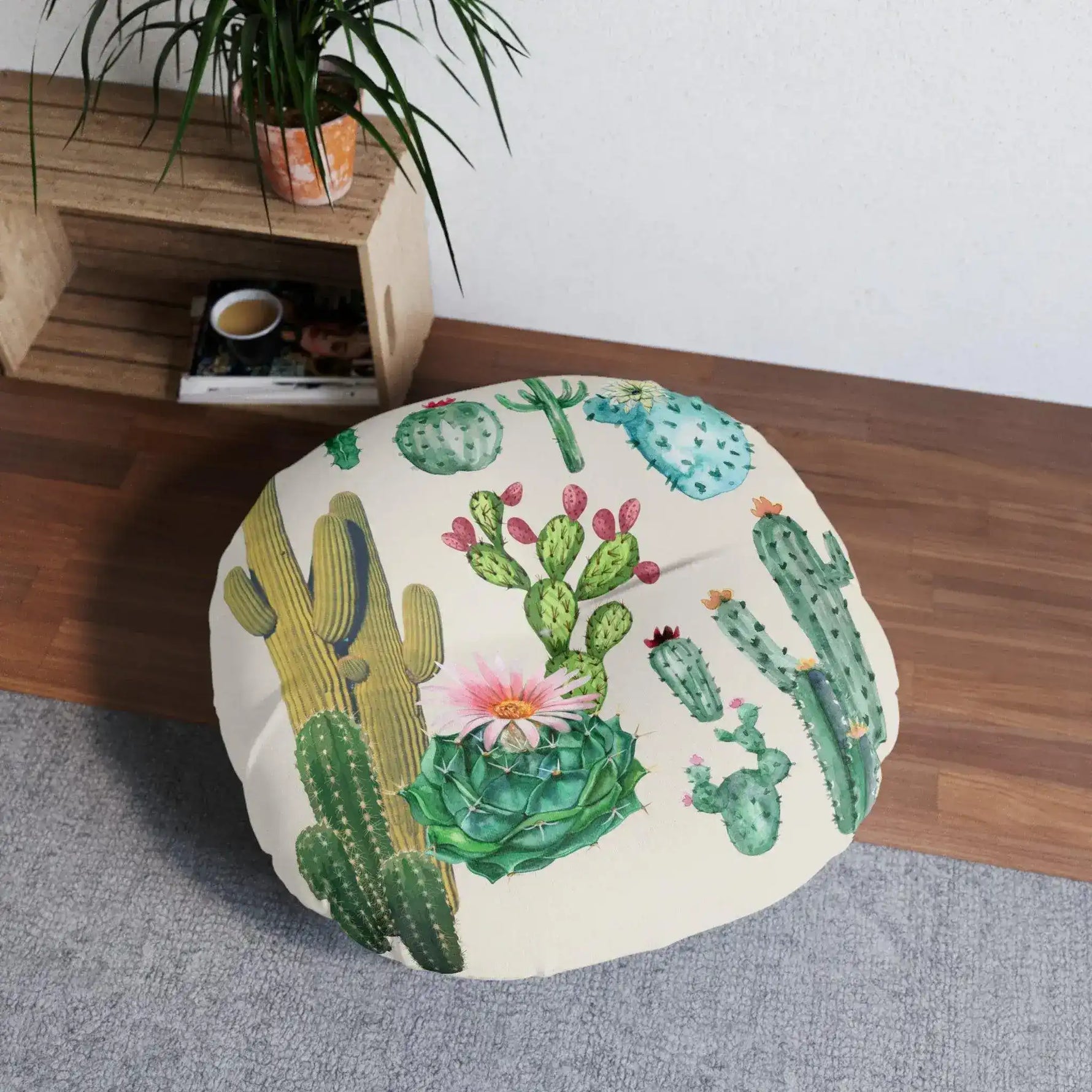 Vintage inspired tufted round floor pillow featuring colorful cactus designs, perfect for home decor as a stylish throw pillow.