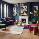 Modern living room with blue walls, colorful furniture, and abstract art.