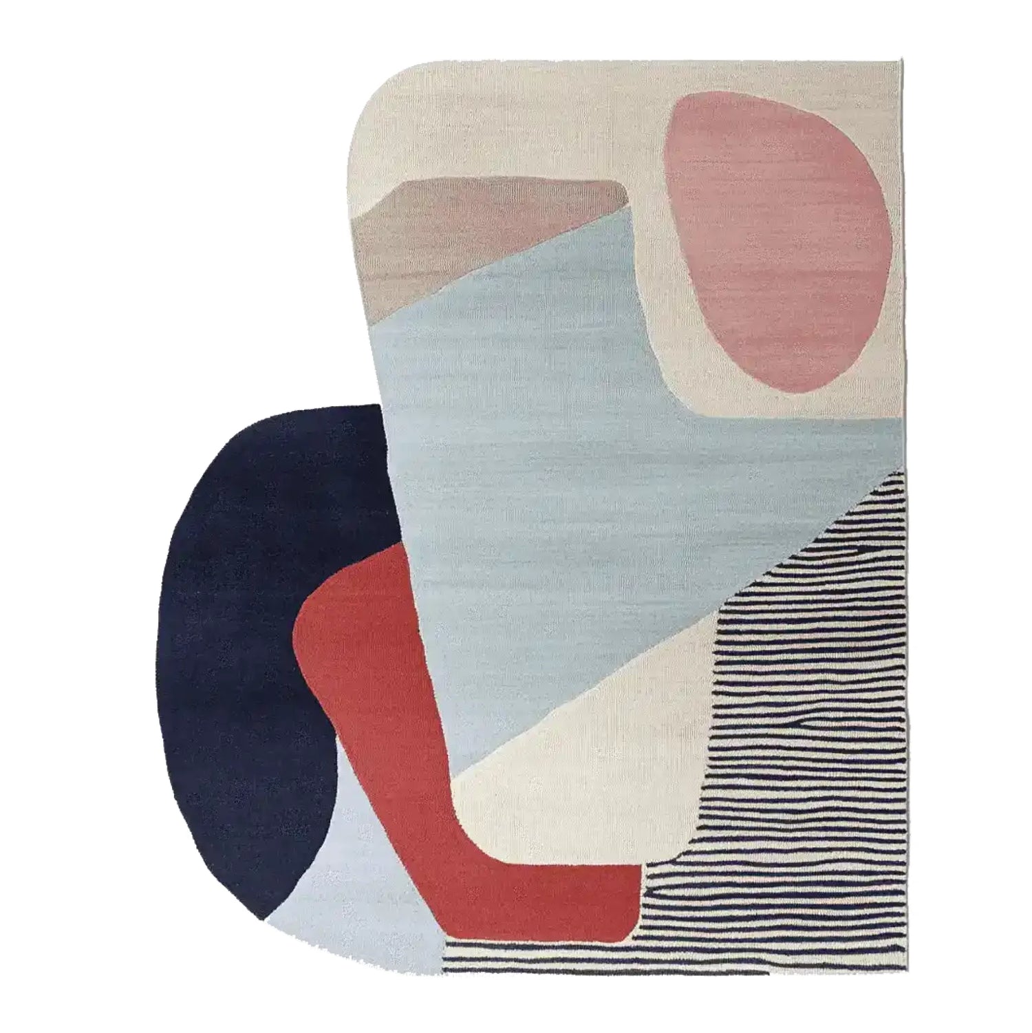 The Calm Curve Composition Hand Tufted Area Rug features a striking abstract design with bold geometric shapes in soft pastels and deep hues. Perfect for contemporary living room spaces, this wool rug adds an artistic touch to any decor. Ideal for those seeking living room area rugs in an 8x10 size.