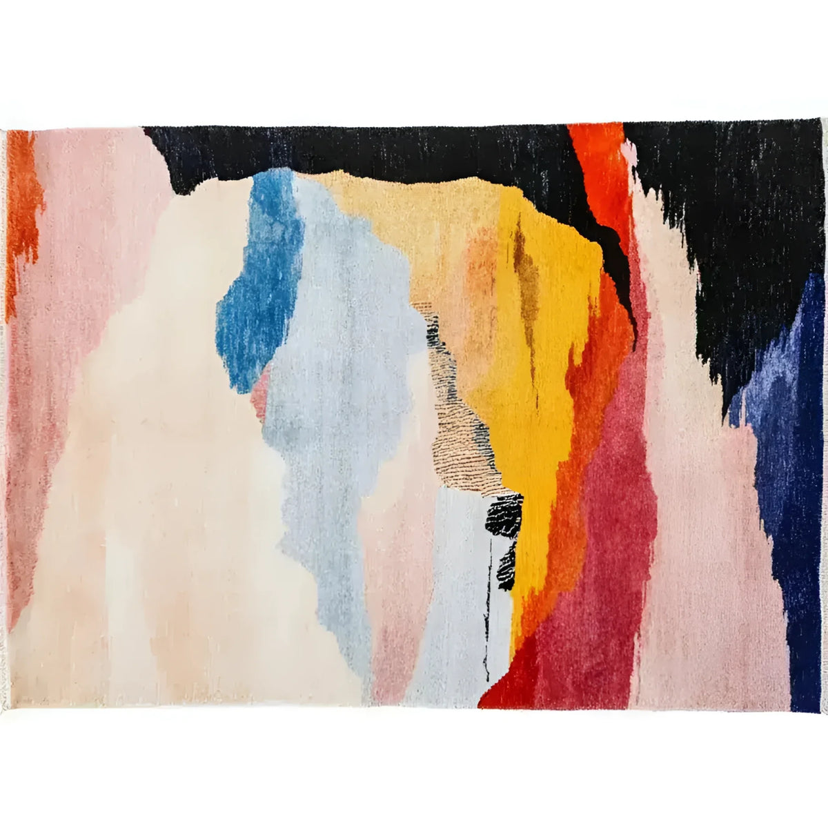 Vibrant and abstract area rug featuring calming colors crafted from viscose and wool, perfect for enhancing the aesthetic of an office or living room. The hand-knotted design adds a modern touch to any space, ideal for those seeking stylish rugs for office or living room area rugs.