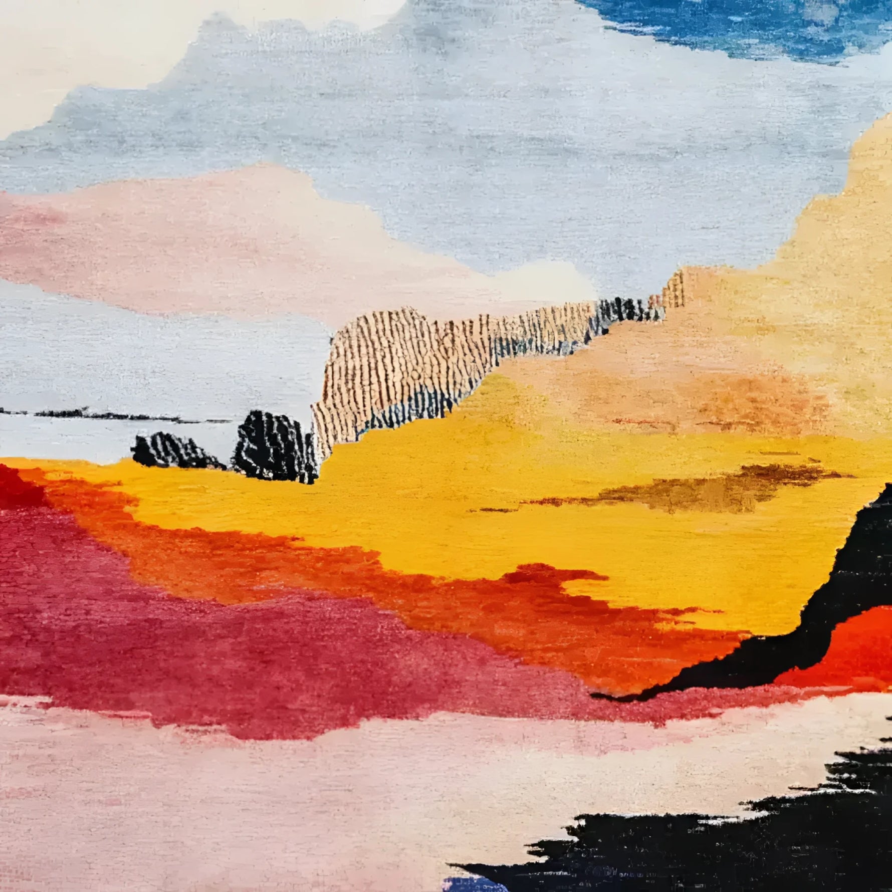 Vibrant abstract design of the Calming Colors Easy Viscose Hand Knotted Wool Rug, ideal for adding a splash of color to your office or living room. This area rug features a blend of warm reds, yellows, and cool blues, perfect for those looking for unique wool rugs for office or living room spaces.