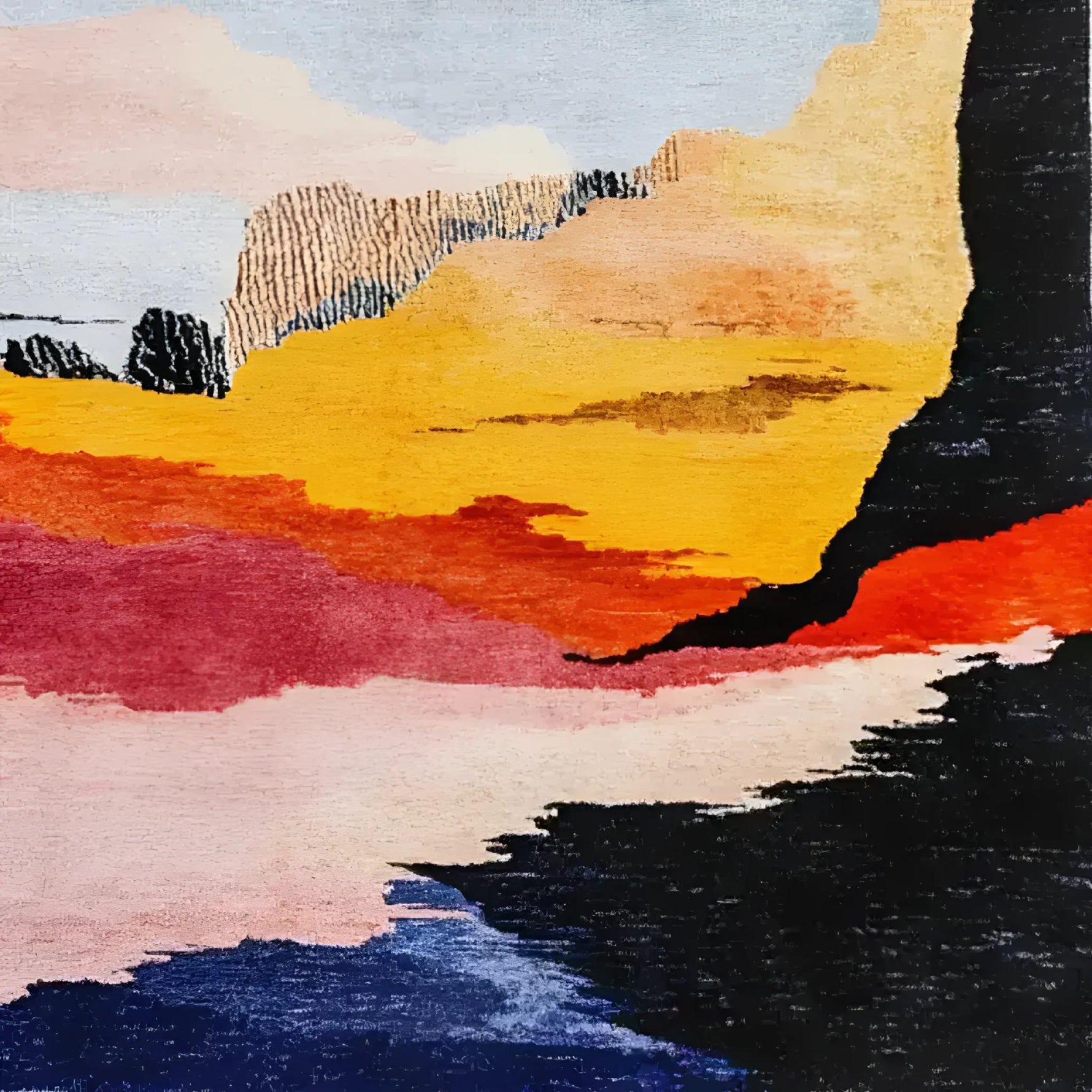 A vibrant area rug featuring a calming blend of abstract colors, ideal for an office or living room setting. This hand-knotted wool rug displays a harmonious mix of blues, reds, and yellows, adding a touch of elegance to any space. Perfect for those seeking unique rugs for office or living room area rugs.