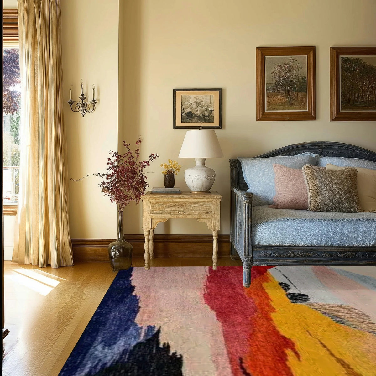 calming colors hand knotted wool rug with navy blue red rose and golden brushstroke bands in traditional bedroom