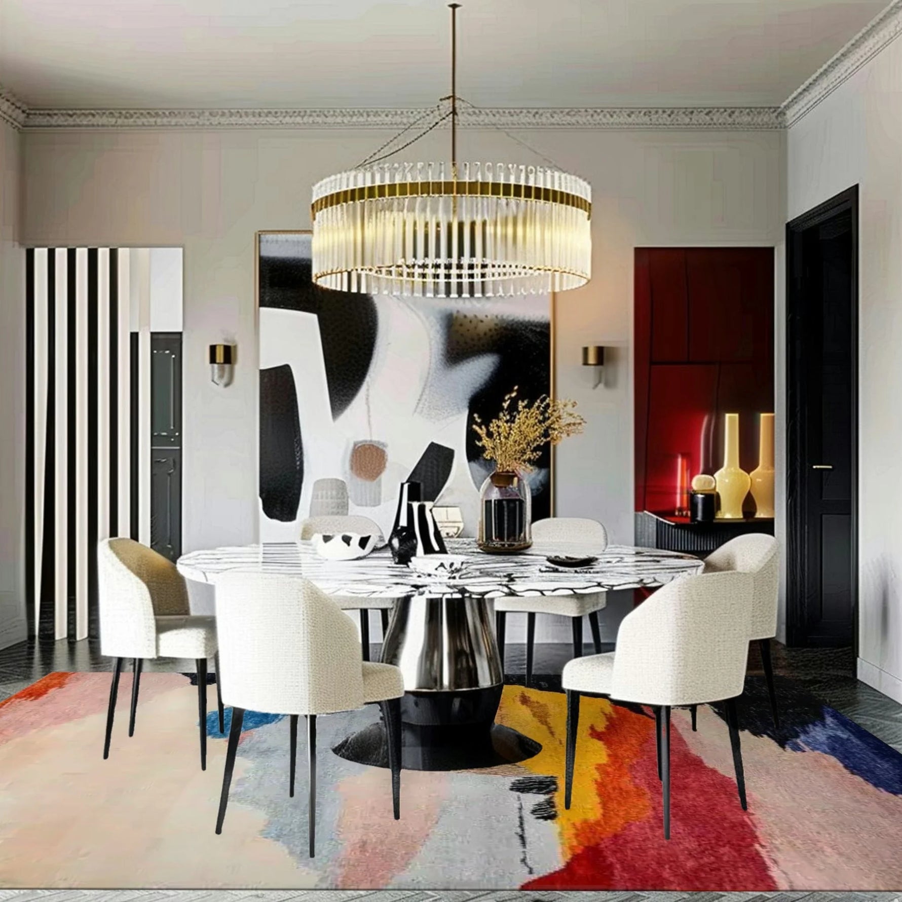 calming colors hand knotted wool rug with pastel and vivid abstract sections in formal dining room with crystal chandelier