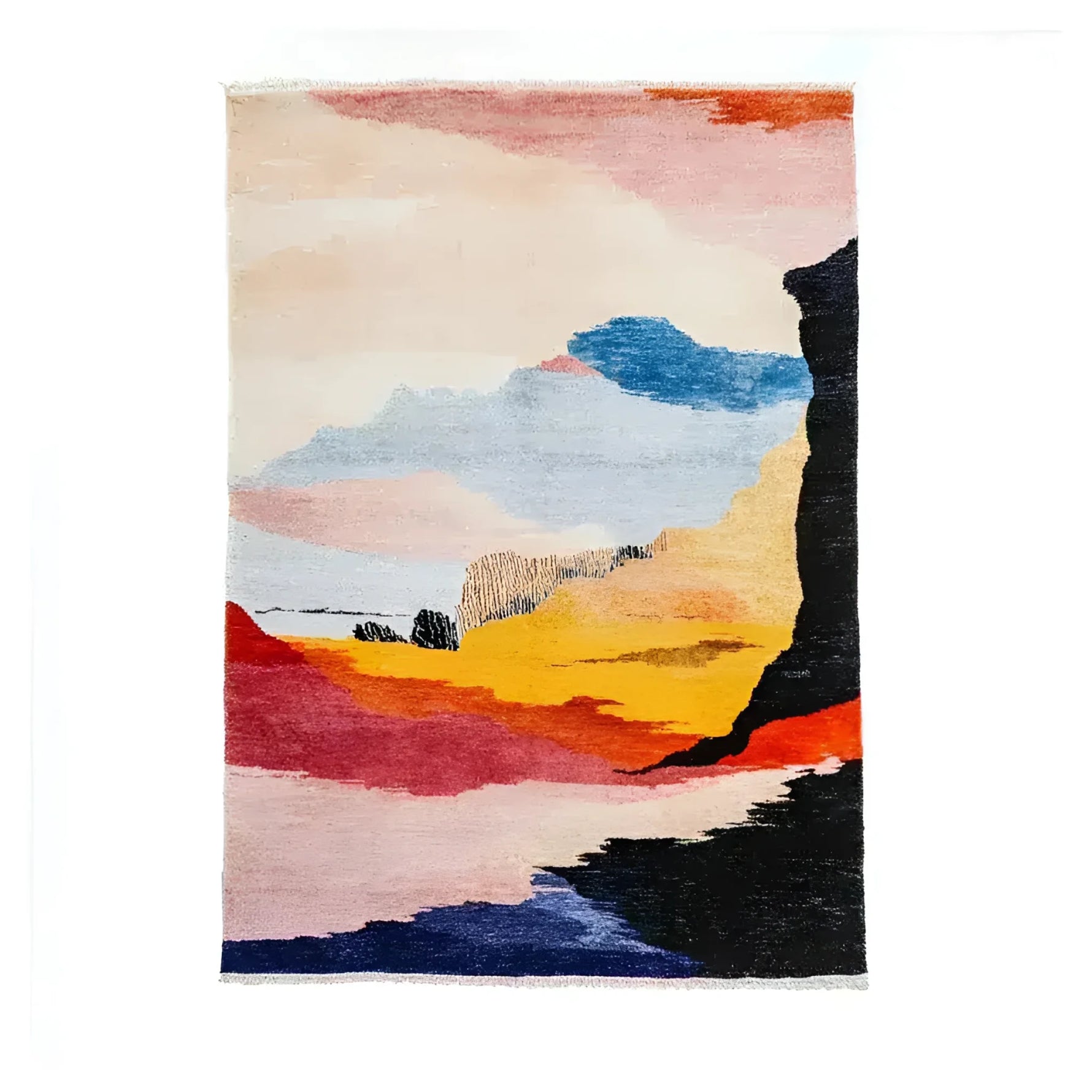 Top view of a vibrant, hand-knotted wool area rug featuring calming colors in an abstract design. Perfect for adding a splash of color to an office or living room, this viscose rug combines various hues including blue, yellow, and red, making it an ideal choice for rugs for office or living room area rugs.