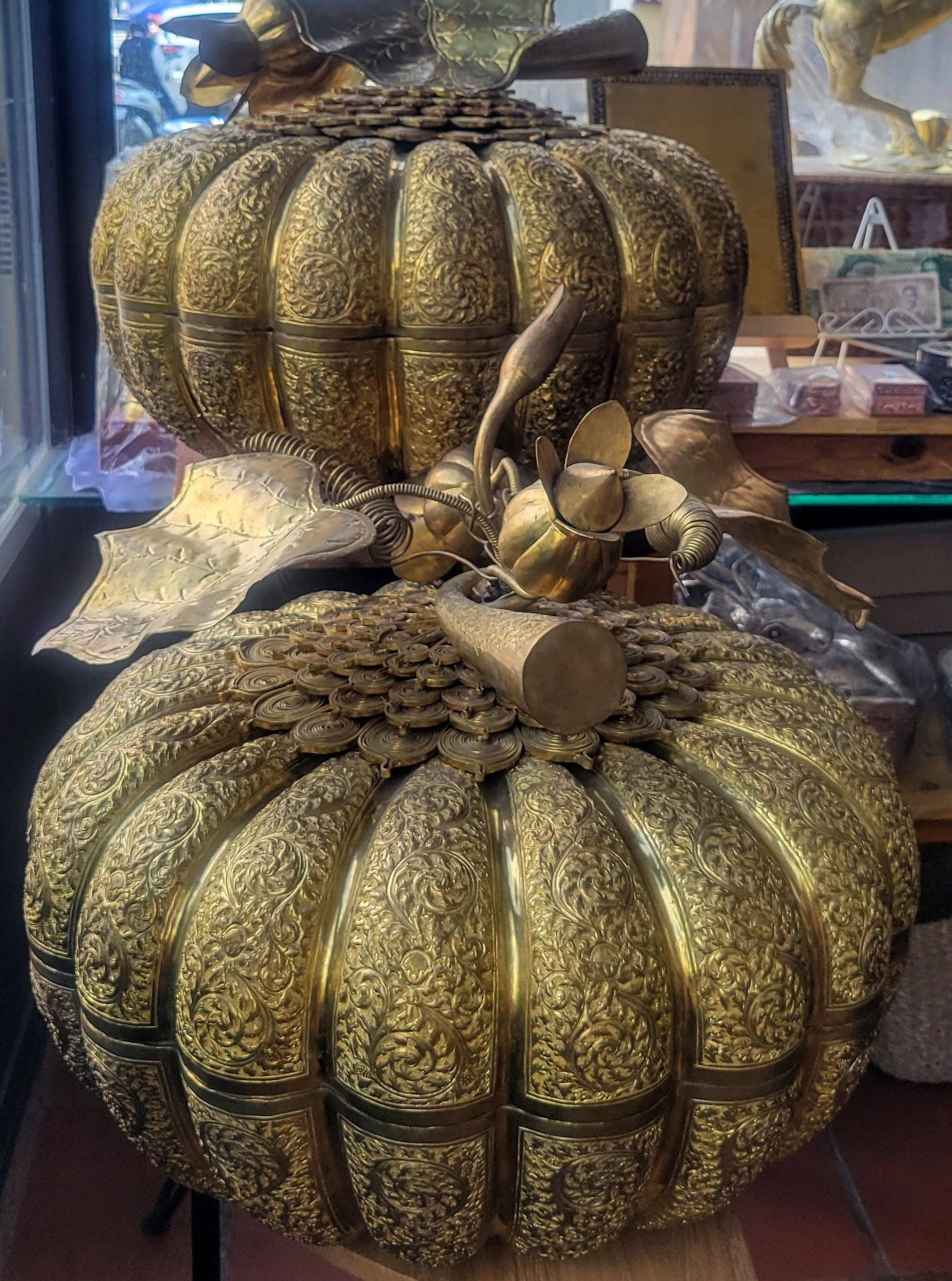 Cambodian Engraved Brass Pumpkin Betel Box