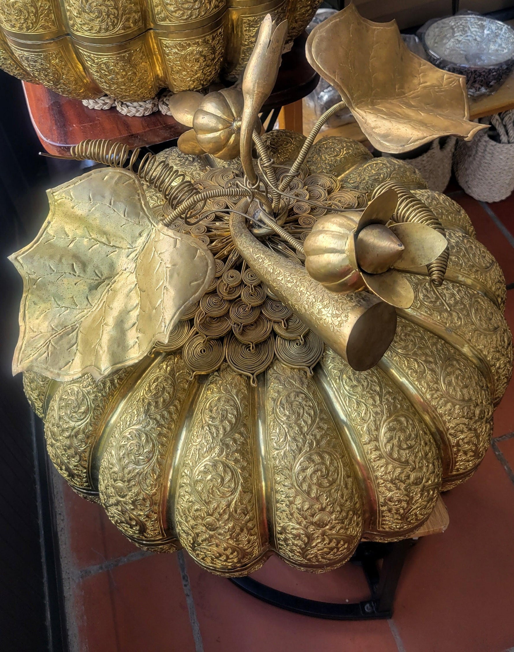 Cambodian Engraved Brass Pumpkin Betel Box