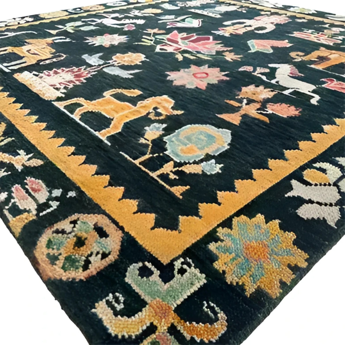 A beautifully crafted Cambodian Heritage Wool Hand Knotted Area Rug, showcasing vibrant patterns with animal and floral motifs. This square area rug, ideal for bedrooms and living rooms, features a rich color palette with a striking border, perfect for adding warmth and character to any space.