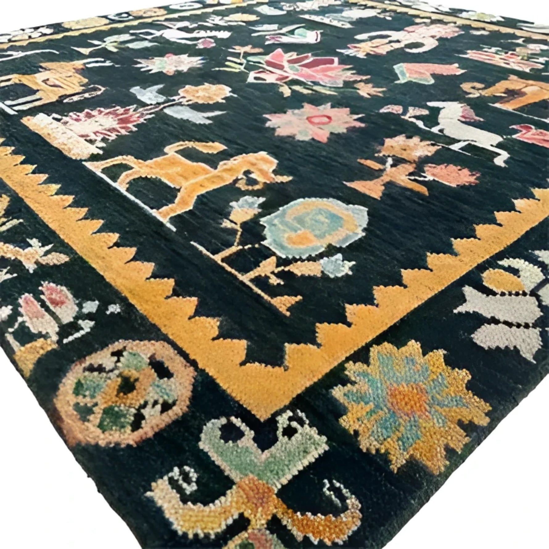 A beautifully crafted Cambodian Heritage Wool Hand Knotted Area Rug, showcasing vibrant patterns with animal and floral motifs. This square area rug, ideal for bedrooms and living rooms, features a rich color palette with a striking border, perfect for adding warmth and character to any space.