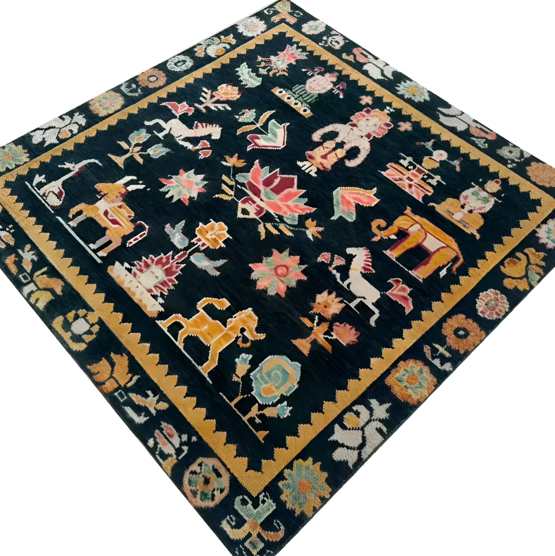 This Cambodian Heritage Wool Hand Knotted Area Rug showcases intricate traditional patterns featuring vibrant animal and floral motifs in rich colors, perfect for enhancing your living room or bedroom. This square wool rug is a stunning addition to any interior, bringing a touch of elegance and cultural heritage to your space.