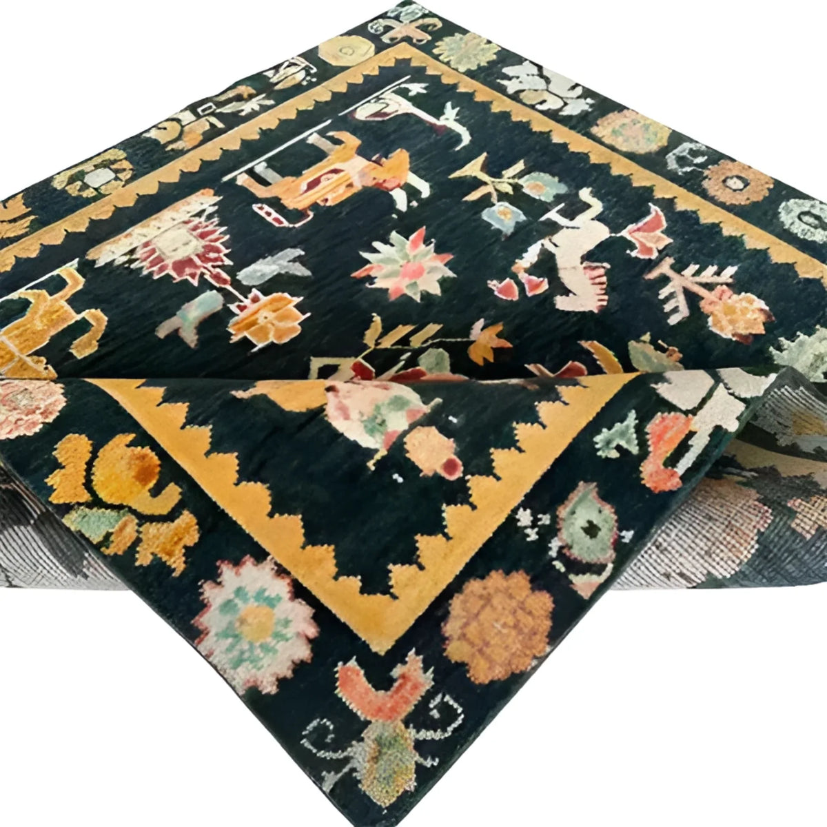 A vibrant Cambodian Heritage Wool Hand Knotted Area Rug displayed in a living room setting. The square rug features intricate patterns in rich colors, ideal for enhancing bedroom aesthetics. Perfect as a bedroom area rug or for adding warmth to any living space.