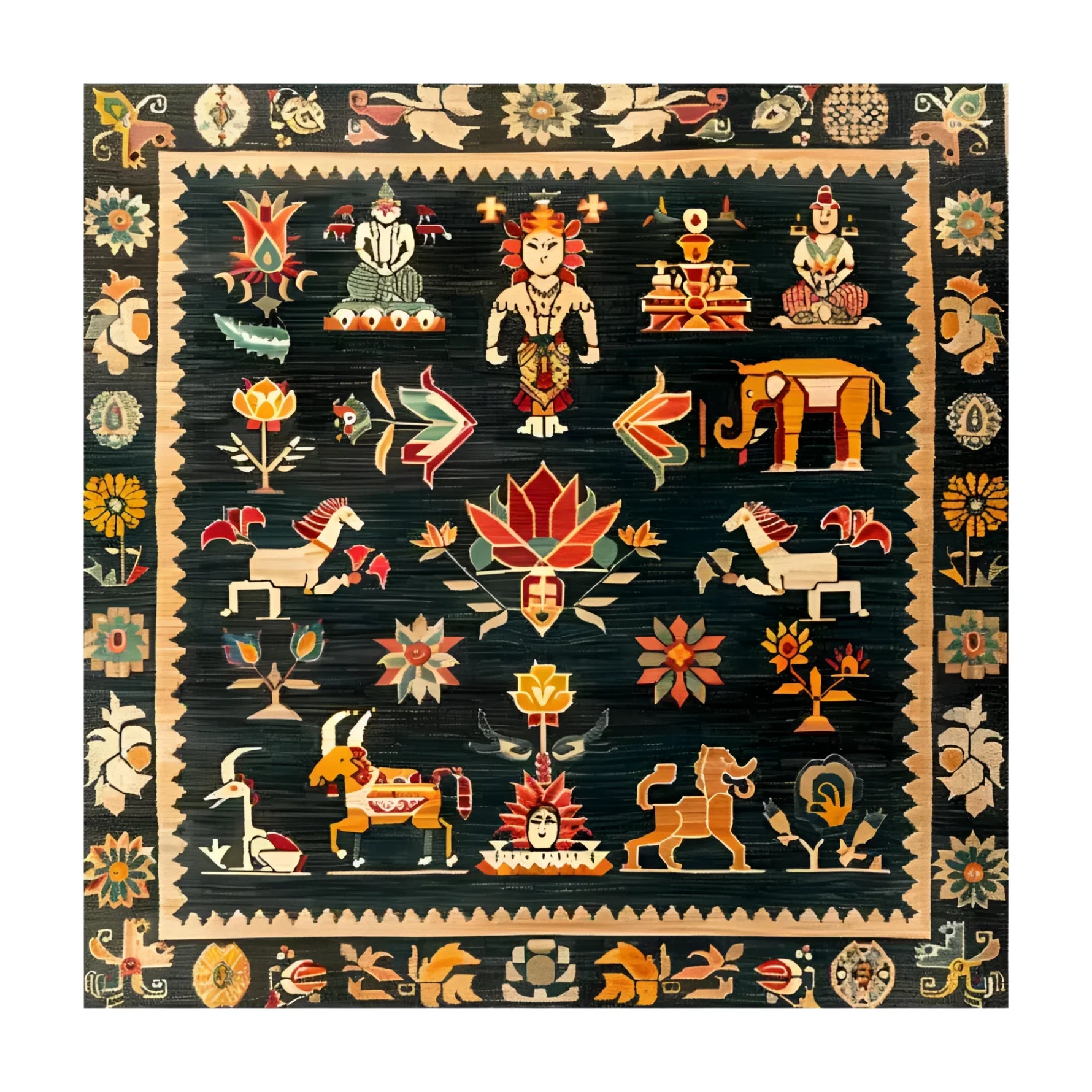 The Cambodian Heritage Wool Hand Knotted Area Rug features a vibrant, traditional design with intricate patterns and motifs, perfect for adding a touch of elegance to your living room. This exquisite wool rug showcases detailed imagery, including mythical creatures and floral elements, making it an ideal choice for those seeking unique area rugs for living room spaces.