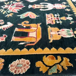 Close-up view of a Cambodian Heritage Wool Hand Knotted Area Rug featuring intricate patterns and vibrant colors on a dark background. This square area rug is ideal for enhancing living room decor, adding a touch of elegance and warmth to any space. Perfect for those looking for high-quality wool rugs, especially in an 8x10 size for living rooms.