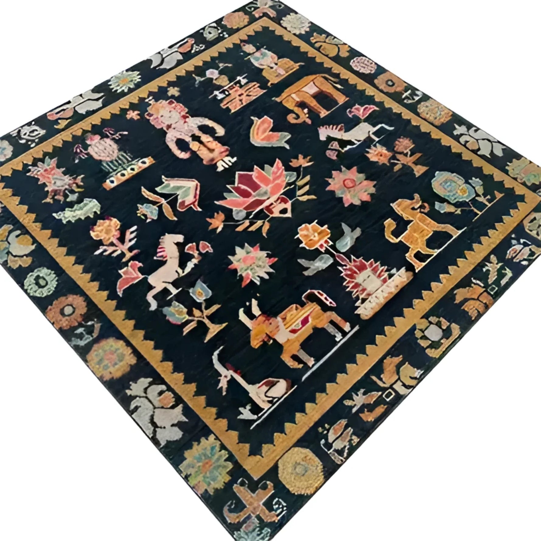 A vibrant Cambodian Heritage Wool Hand Knotted Area Rug showcasing intricate patterns and cultural motifs. This square area rug is perfect for living rooms, offering a unique blend of traditional design and modern style. Ideal for those seeking 8x10 living room rugs, this wool rug adds warmth and character to any space.