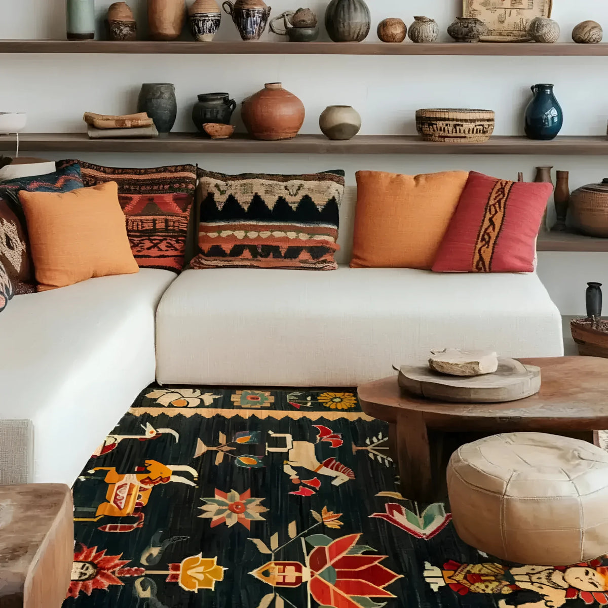 A beautifully styled living room featuring a Cambodian Heritage Wool Hand Knotted Area Rug. This vibrant square rug showcases intricate patterns and rich colors, complementing the cozy ambiance with a modern sofa and decorative cushions. Ideal for enhancing any living room, this wool rug is perfect for those seeking stylish area rugs for living room spaces.