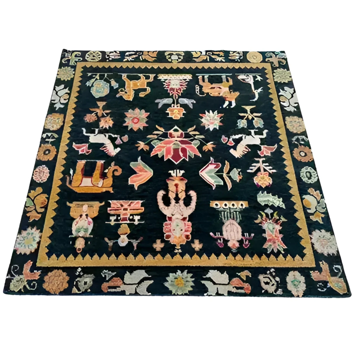 Stunning Cambodian Heritage Wool Hand Knotted Area Rug with intricate designs and vibrant colors, perfect for adding elegance to any living room. This square area rug, measuring 8x10, showcases a beautiful array of traditional patterns, making it an ideal choice for those seeking unique area rugs for living room spaces.