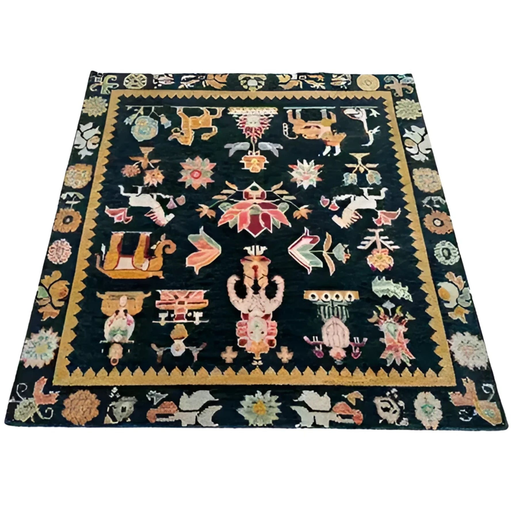 Stunning Cambodian Heritage Wool Hand Knotted Area Rug with intricate designs and vibrant colors, perfect for adding elegance to any living room. This square area rug, measuring 8x10, showcases a beautiful array of traditional patterns, making it an ideal choice for those seeking unique area rugs for living room spaces.