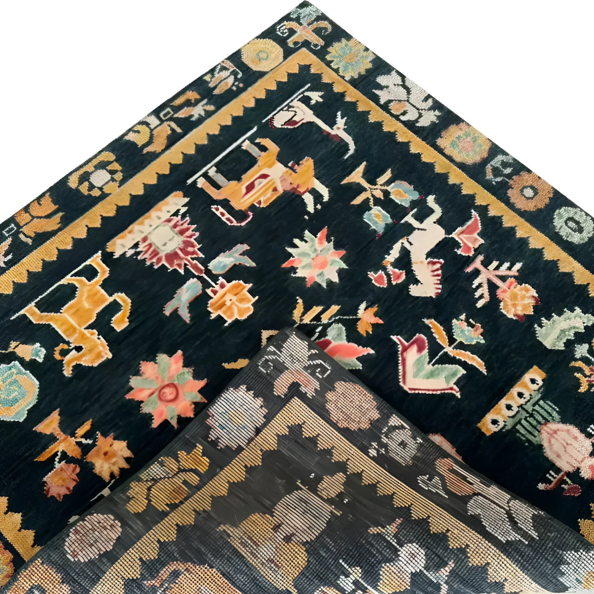 Close-up view of a Cambodian Heritage Wool Hand Knotted Area Rug, showcasing intricate animal and floral motifs in vibrant colors. This wool rug is perfect for adding a touch of elegance to any bedroom or living room. The square area rug features a rich, detailed border, making it an ideal choice for those seeking unique bedroom rugs or bedroom area rugs.