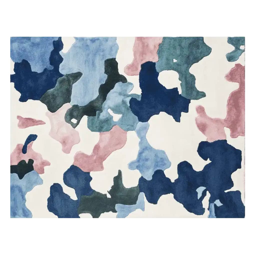 The Camouflage Cloud Dance Hand Tufted Rug features an abstract design with blue, pink, and green hues, perfect for adding a contemporary touch to any large living room. This wool area rug offers a stylish and modern aesthetic, ideal for those seeking area rugs for living room spaces.