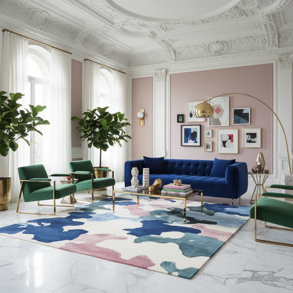 Modern living room with a blue sofa, green chairs, a contemporary wool rug, and decorative wall art.