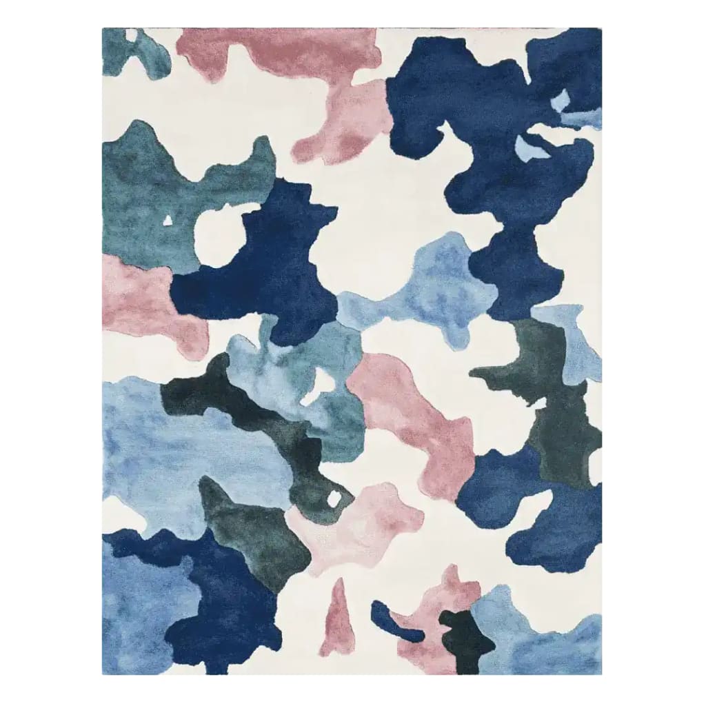 The Camouflage Cloud Dance Hand Tufted Rug showcases a vibrant abstract pattern with hues of blue, pink, and green on a wool surface. This contemporary area rug is perfect for adding a touch of style to any living room, serving as an eye-catching large living room rug.