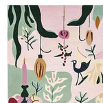 Close-up of the Candlelight Holiday Feast Hand Tufted Area Rug featuring a whimsical design with hanging ornaments, abstract plants, and a bird. This vibrant wool rug enhances any living room area with its unique and artistic patterns, perfect for those seeking stylish area rugs for living room decor.