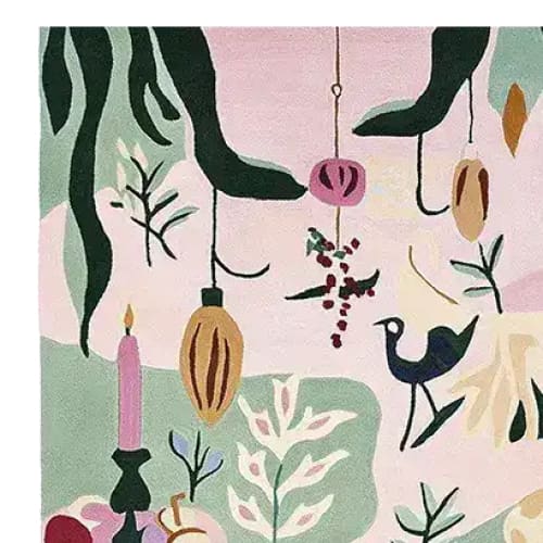 Close-up of the Candlelight Holiday Feast Hand Tufted Area Rug featuring a whimsical design with hanging ornaments, abstract plants, and a bird. This vibrant wool rug enhances any living room area with its unique and artistic patterns, perfect for those seeking stylish area rugs for living room decor.