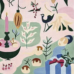 A vibrant area rug featuring a festive holiday design with candles, gifts, and abstract patterns. This wool rug is perfect for adding warmth and charm to your living room, making it an ideal choice for those seeking area rugs for living room decor.