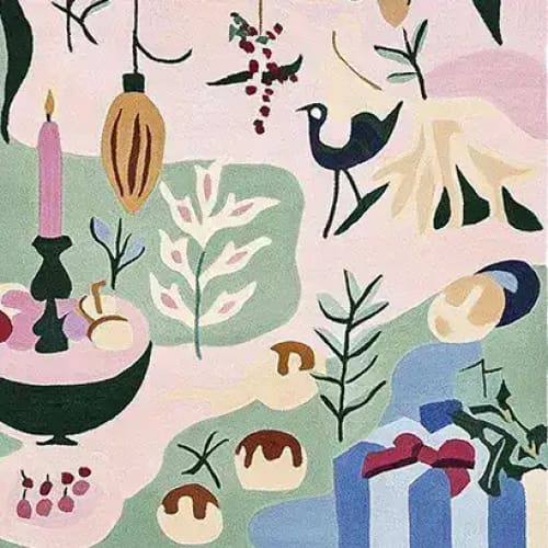 A vibrant area rug featuring a festive holiday design with candles, gifts, and abstract patterns. This wool rug is perfect for adding warmth and charm to your living room, making it an ideal choice for those seeking area rugs for living room decor.