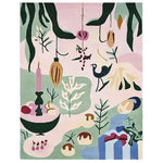 A vibrant, hand tufted area rug showcasing a festive holiday feast theme. The design features abstract illustrations of holiday decorations, candles, and festive foods, perfect for adding a cozy touch to your living room. Made of wool, this area rug is ideal for those seeking stylish area rugs for living room settings.