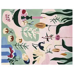 This vibrant hand-tufted wool area rug features a whimsical holiday feast design with abstract elements. Ideal for adding a festive touch to your living room, this area rug blends soft pastel colors with intricate patterns, making it a perfect choice for those seeking unique area rugs for living room settings.