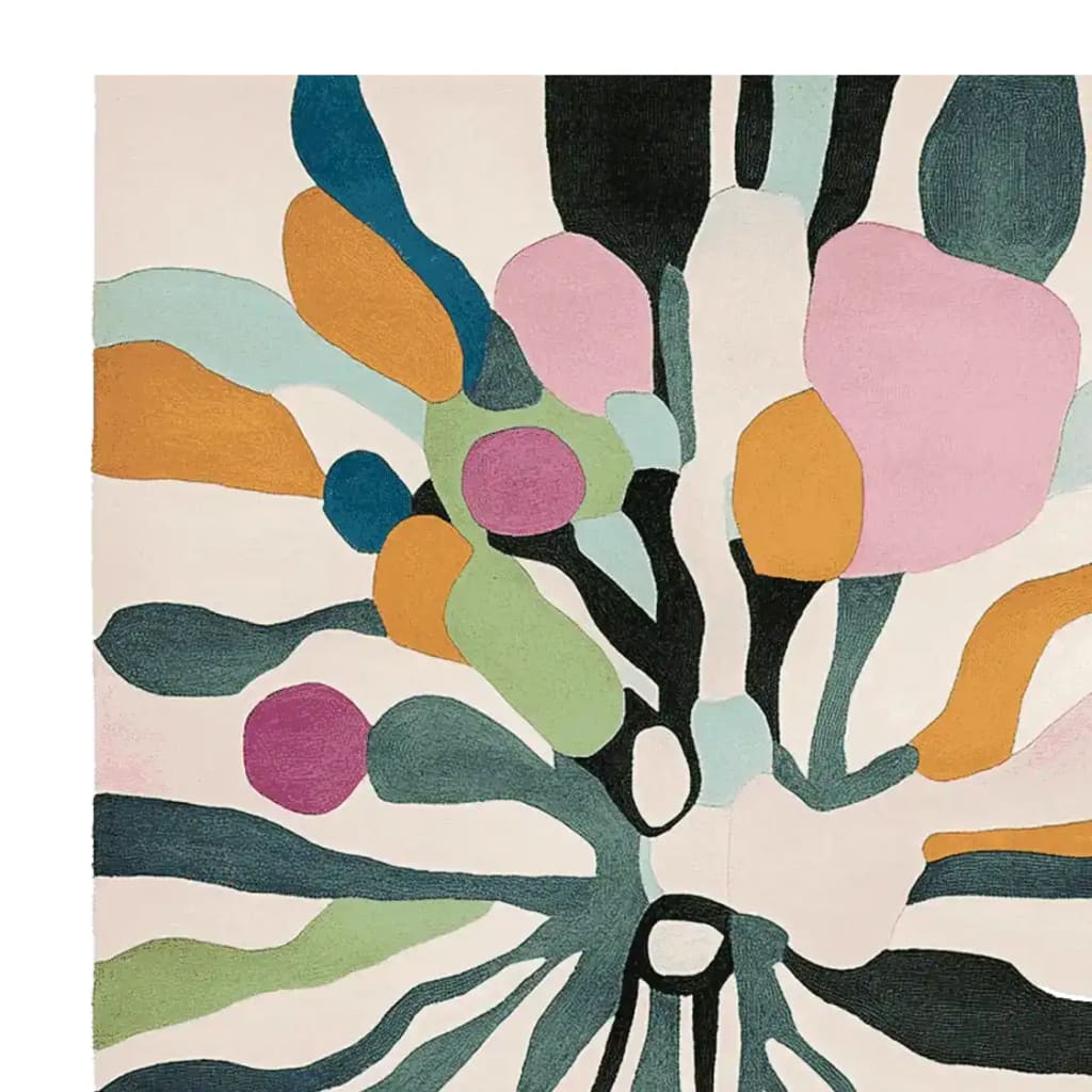 Vibrant hand-tufted wool area rug featuring an abstract design with colorful shapes in pink, orange, green, and blue on a neutral background. Perfect for contemporary living room spaces, this large 8x10 rug adds a splash of color and style.