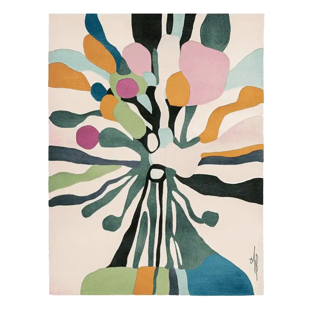 A vibrant and contemporary hand tufted wool area rug featuring an abstract design with colorful shapes in shades of pink, green, blue, and orange. Perfect for adding a splash of color to any large living room, this 8x10 rug is an ideal choice for those seeking a modern touch.