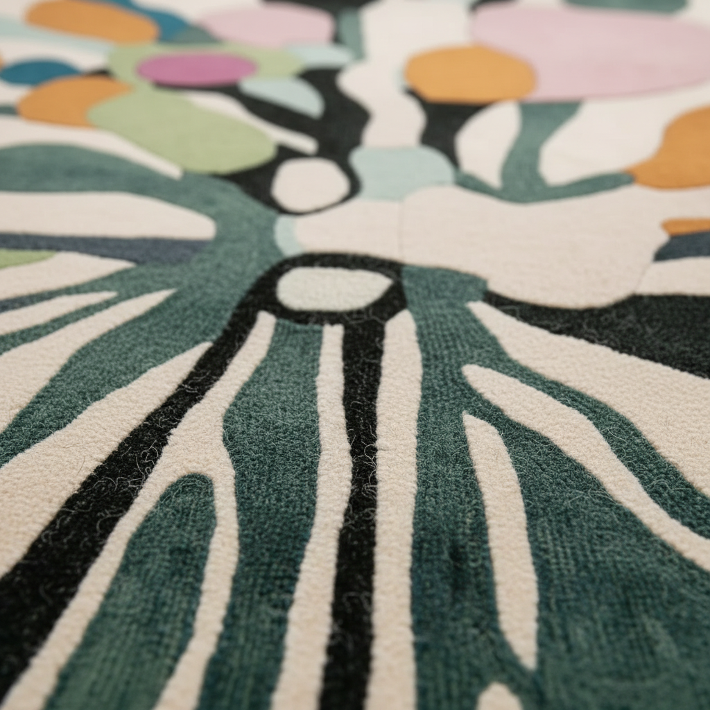 Close-up of a colorful floral patterned rug with green, black, and multicolor design.