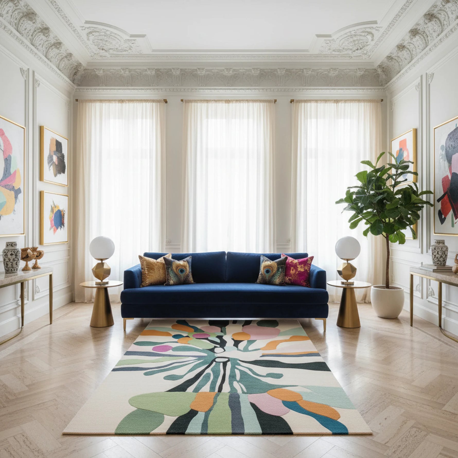 Modern living room with a blue sofa, colorful rug, and decorative elements.