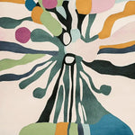 A vibrant hand-tufted wool area rug with an abstract design, ideal for contemporary living rooms. The rug features a blend of colors including green, pink, orange, and blue, perfect for adding a modern touch to large living spaces. Suitable as a living room rug 8x10, this piece combines style with functionality.