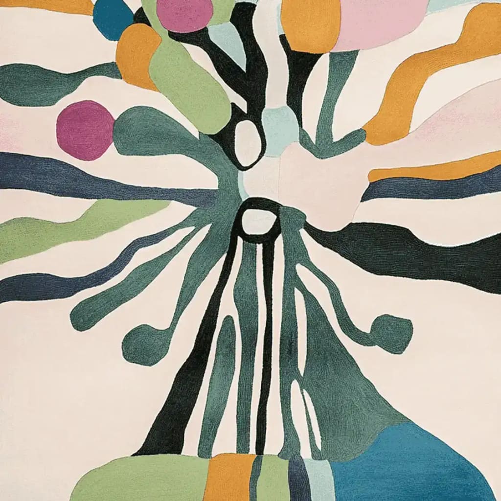 A vibrant hand-tufted wool area rug with an abstract design, ideal for contemporary living rooms. The rug features a blend of colors including green, pink, orange, and blue, perfect for adding a modern touch to large living spaces. Suitable as a living room rug 8x10, this piece combines style with functionality.