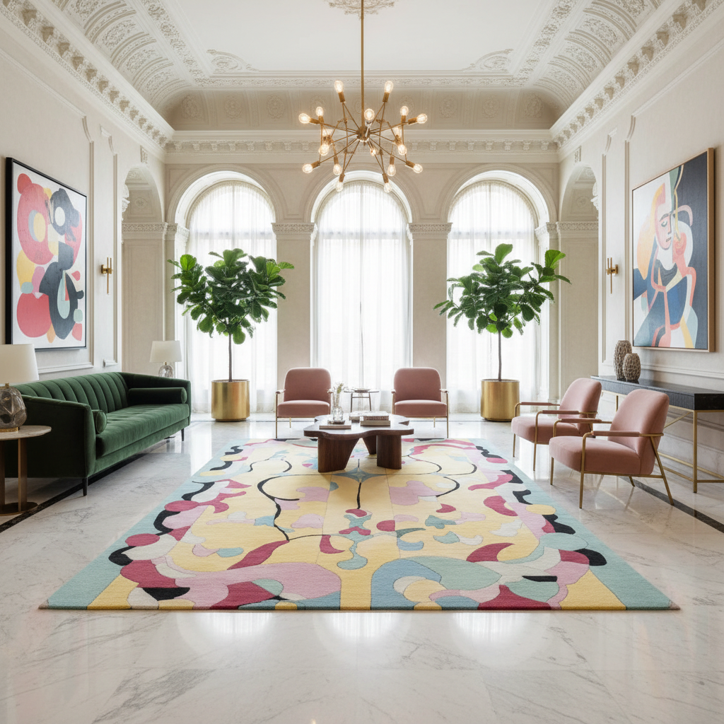 Modern living room with a colorful rug, green sofa, and decorative plants.