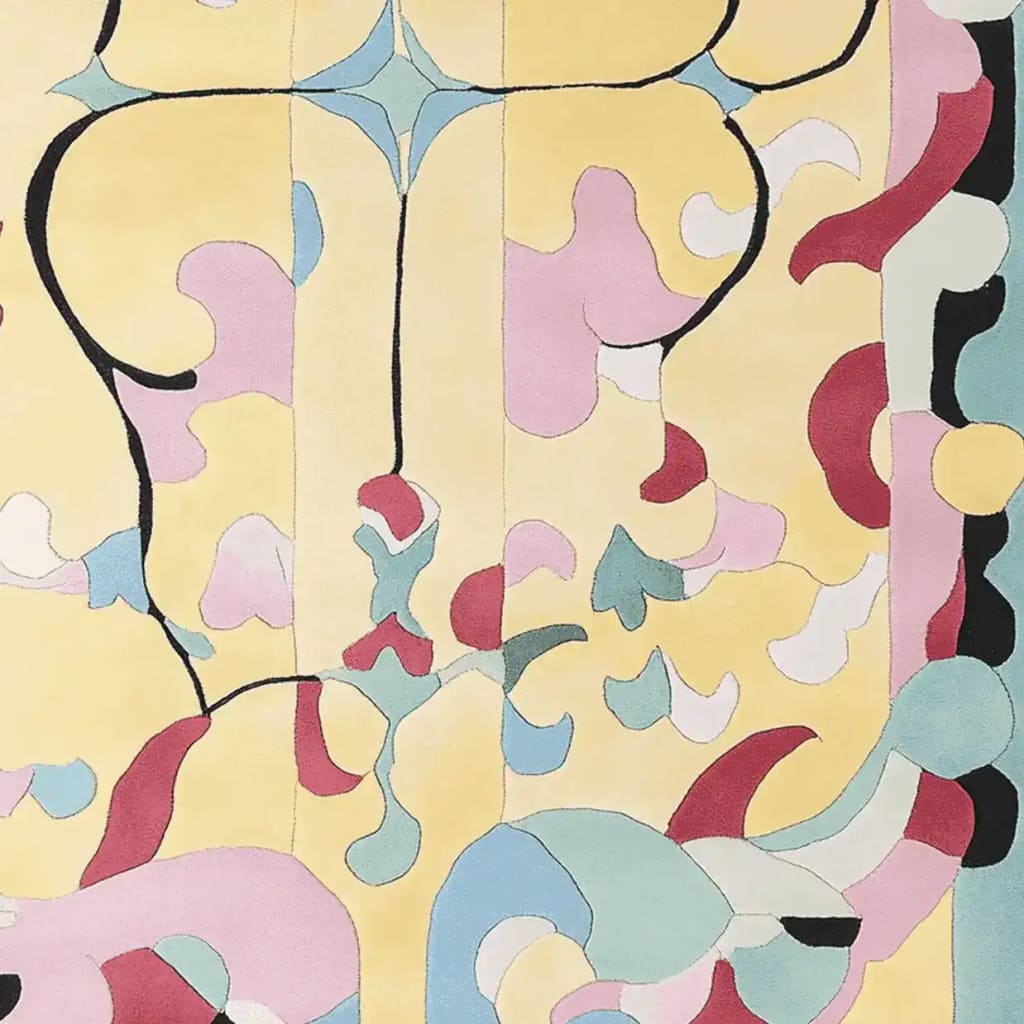 Close-up view of the Candy Orchard Hand Tufted Area Rug, showcasing an abstract design with vibrant colors like yellow, pink, and blue. Perfect for adding a contemporary touch to living room area rugs, this wool rug blends style and comfort, ideal for modern rugs for living rooms.