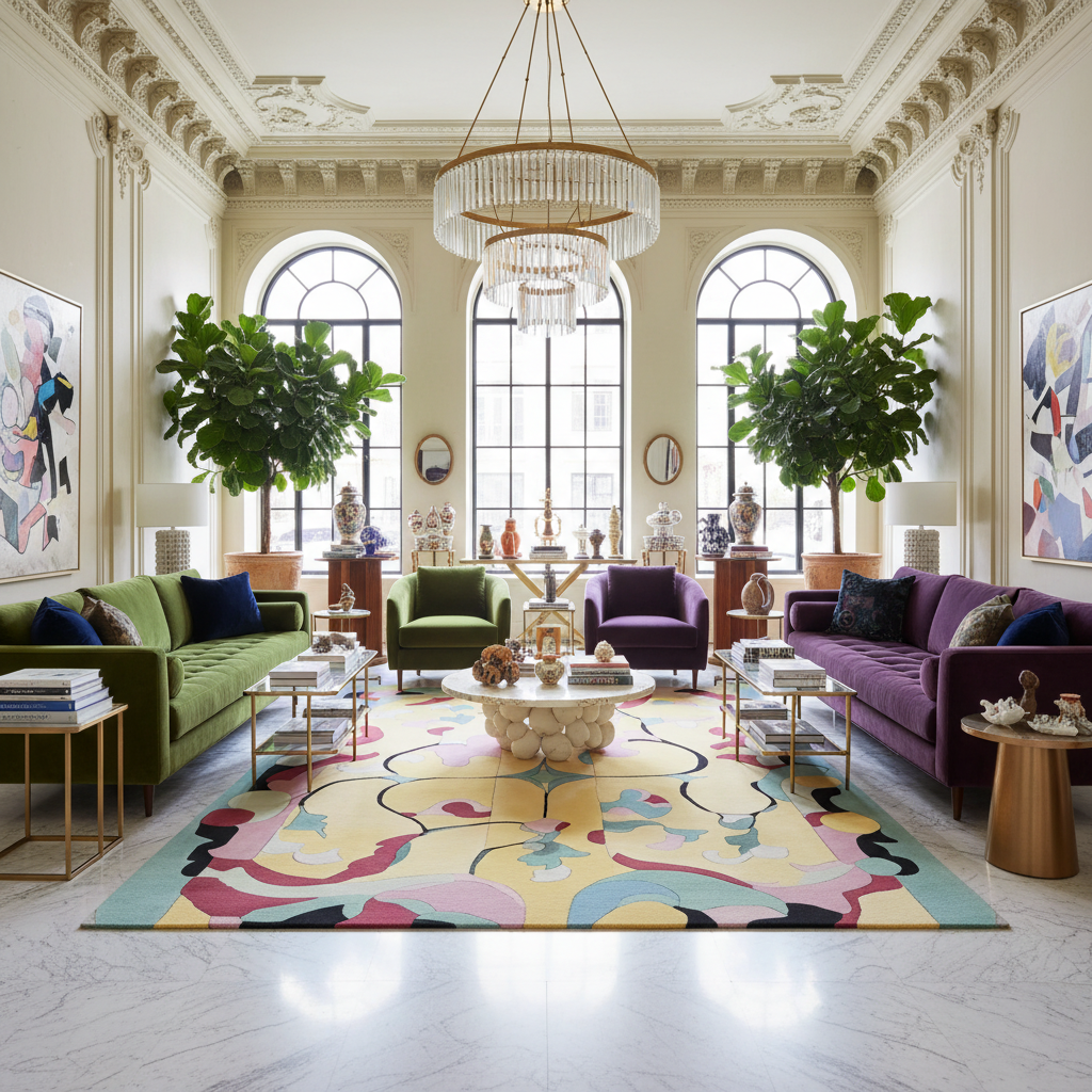 Luxurious living room with colorful rug, green sofa, purple armchair, and decorative items.