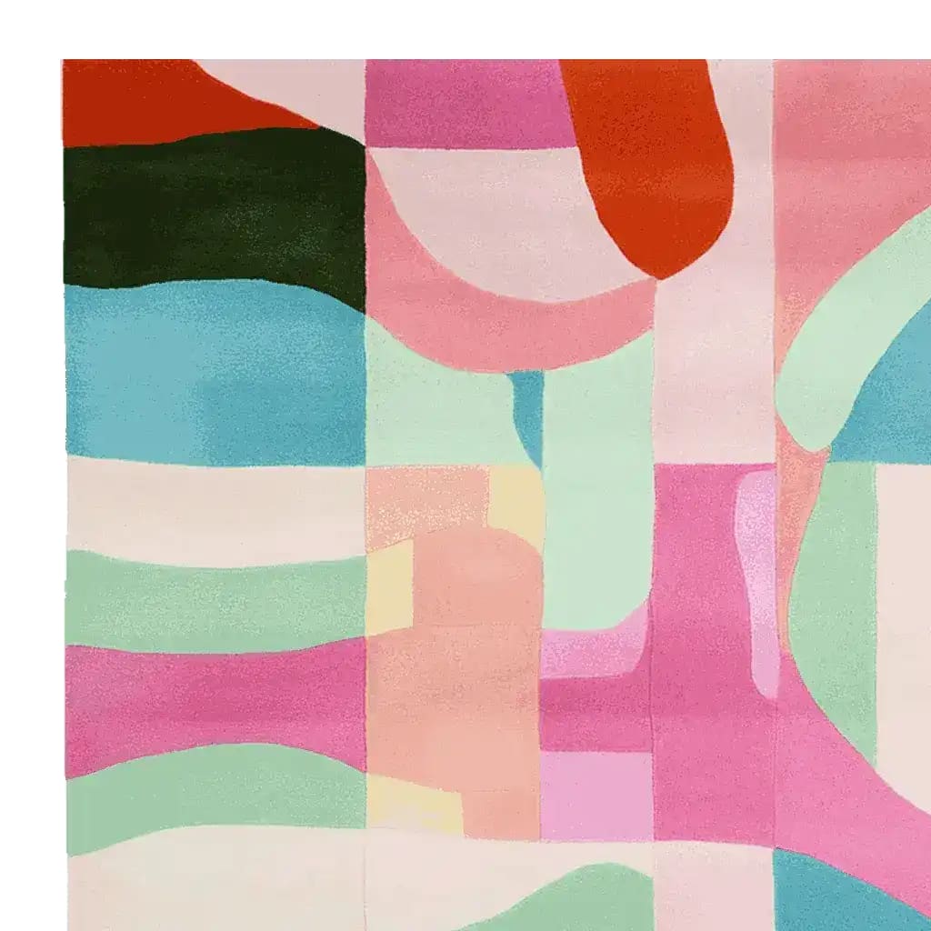 A vibrant Candy Wave Mirage hand tufted area rug featuring a bold and colorful abstract pattern. This contemporary wool rug showcases a harmonious blend of pinks, blues, greens, and oranges, making it an ideal choice for living room area rugs. Perfect for adding a pop of color and modern flair to your space, this rug is a standout piece among rugs for living room decor.