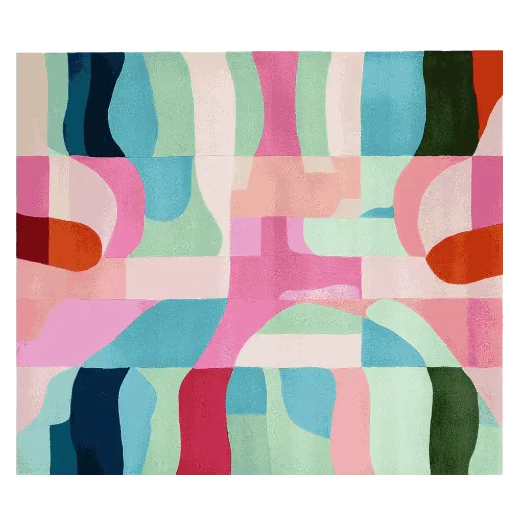 A vibrant Candy Wave Mirage Hand Tufted Area Rug showcasing an abstract design with colorful geometric patterns, perfect for contemporary living room spaces. Crafted from wool, this rug adds a modern touch to any room, ideal for those seeking stylish rugs for their living room.