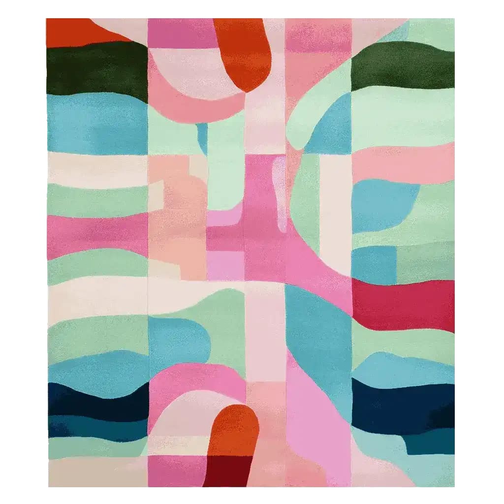 Vibrant Candy Wave Mirage hand-tufted area rug featuring an abstract pattern with bold colors including pink, blue, green, and orange. This contemporary wool rug is perfect for adding a pop of color to living room area rugs and enhancing modern décor.