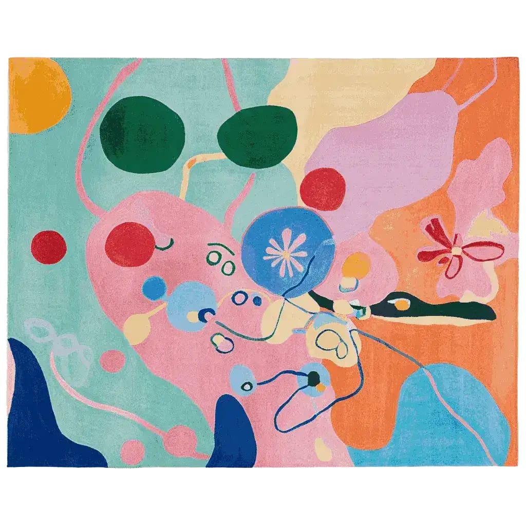 A vibrant Candyflora Kinetic Field Hand Tufted Area Rug featuring a contemporary abstract design with bold colors. Perfect for adding a splash of color to your living room, this wool rug measures 8x10, making it an ideal choice for area rugs in modern living spaces.