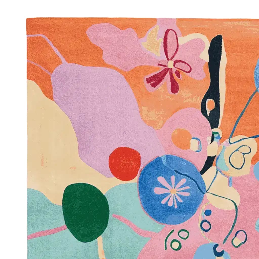 Vibrant Candyflora Kinetic Field Hand Tufted Area Rug showcasing an abstract design with bold colors including pink, orange, blue, and green. This contemporary wool rug is perfect for adding a splash of color to any living room. Ideal for those seeking stylish living room rugs in an 8x10 size.