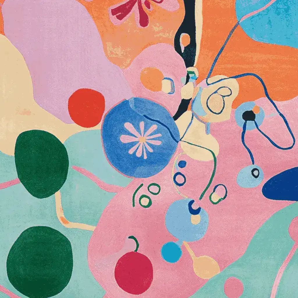 Vibrant Candyflora Kinetic Field Hand Tufted Area Rug with abstract design. Perfect for adding color to your living room, this 8x10 wool rug showcases a contemporary style with playful shapes and colors.