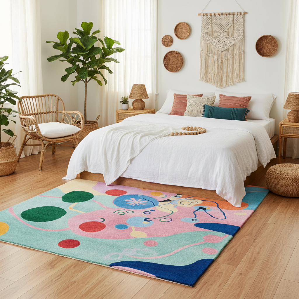 Bedroom with a colorful abstract rug, bed, and decorative items.