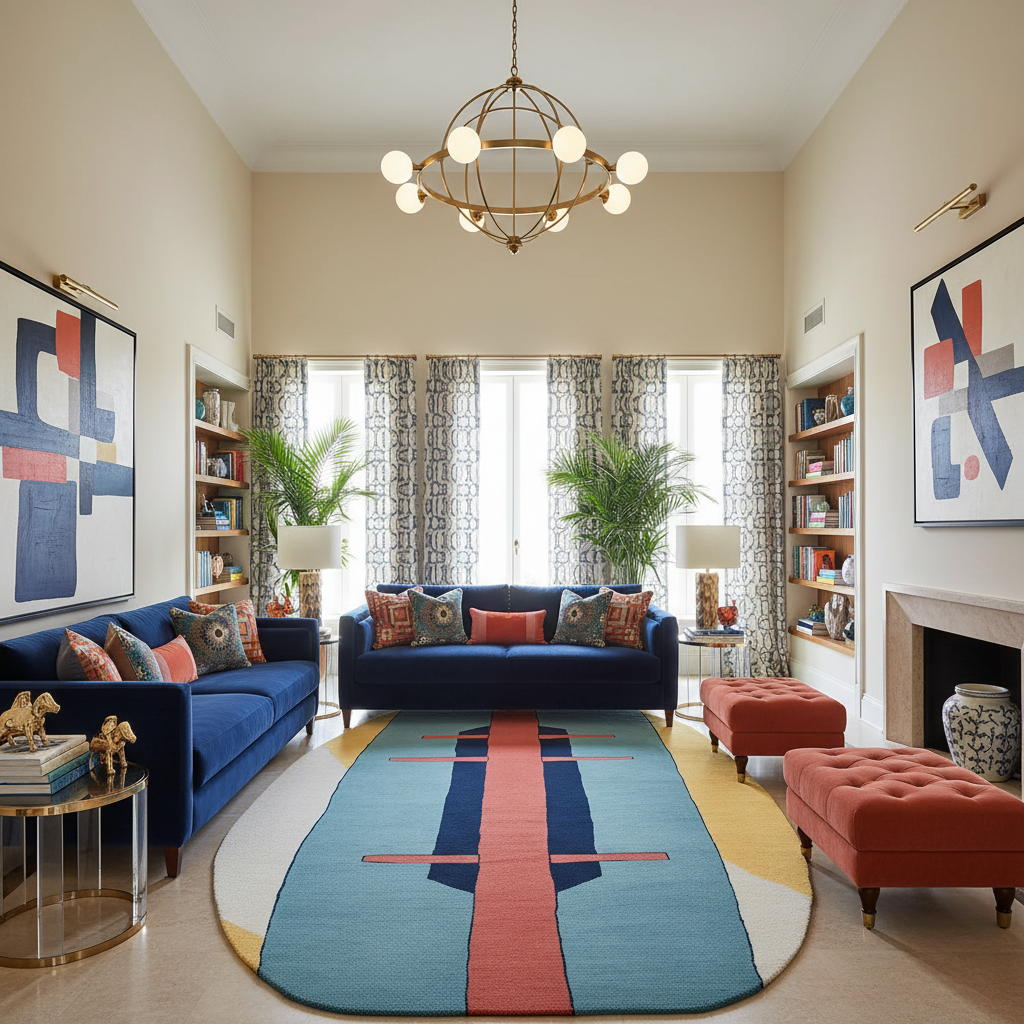 Modern living room with blue sofas, colorful rug, and decorative elements.