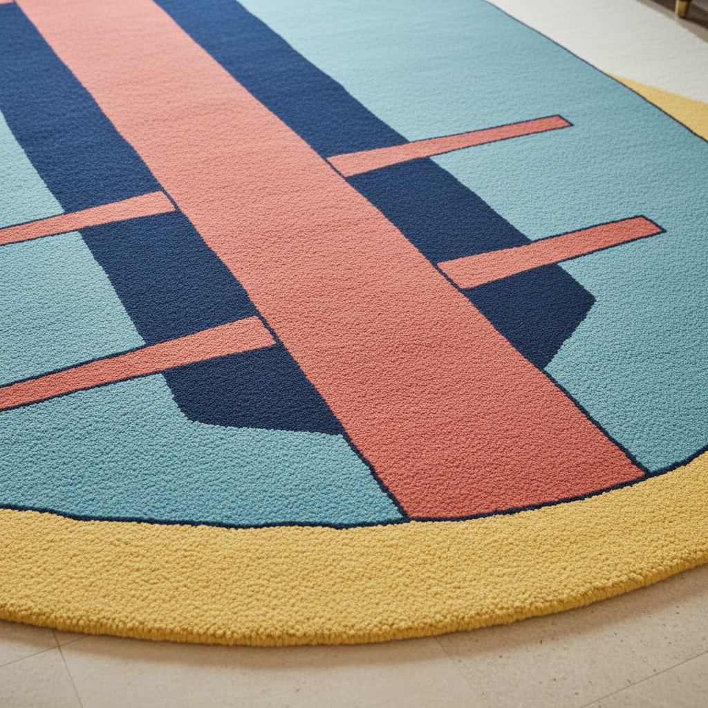 Colorful geometric-patterned rug with blue, pink, and yellow colors on a light wooden floor.